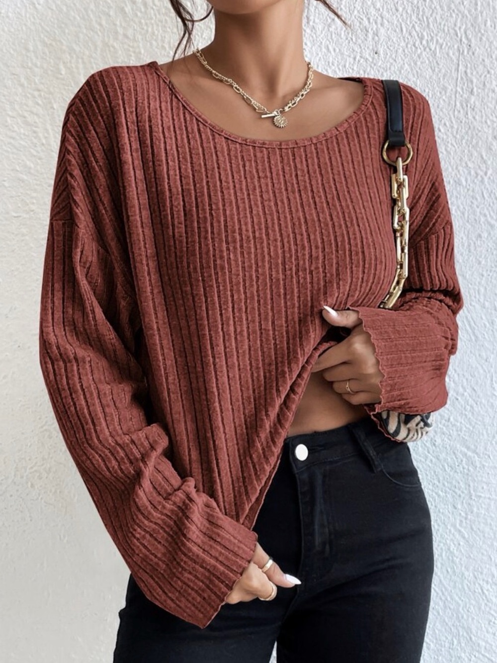 SHEIN Rust Ribbed Cropped Pullover Sweater Size M Like New